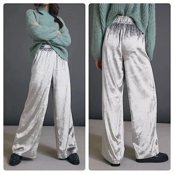 Anthropologie Maeve Anastacia Velvet Wide Leg Metalic Silver Pants Size XS